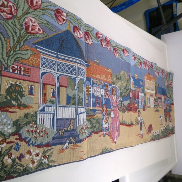 Quaint Turn of the Century Village Scene Tapestry Table Runner Tulips Gazebo - Picture 2 of 6